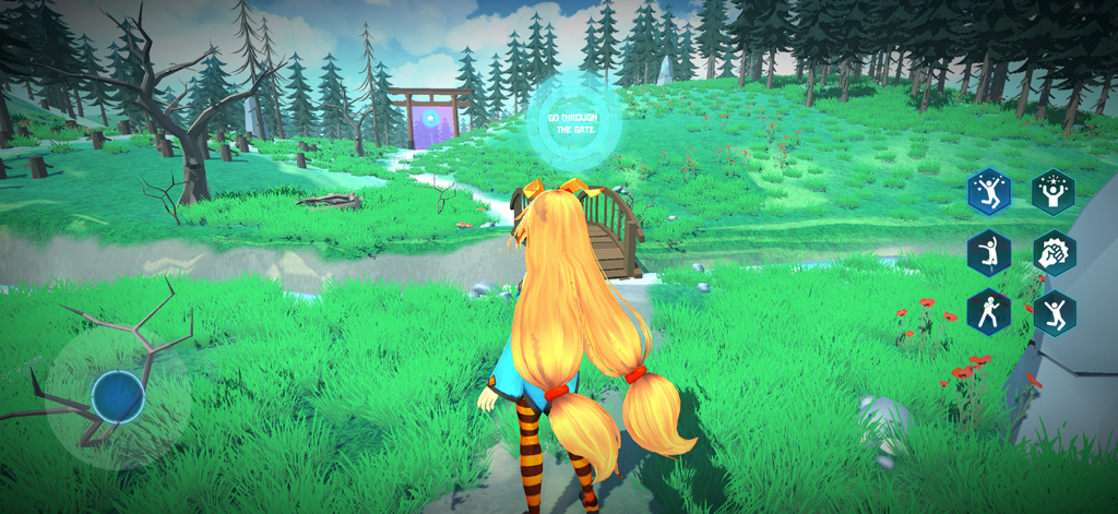 Grand Impact : The Anime Saga - Anime character exploring a green landscape with a torii gate