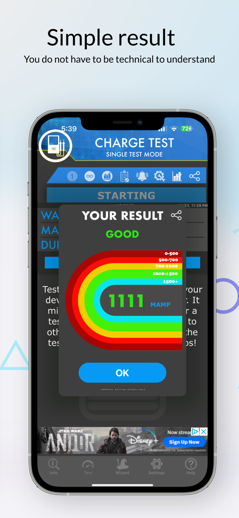 Amperes app displaying a good charging test result of 1111 milliamperes with a colorful gauge