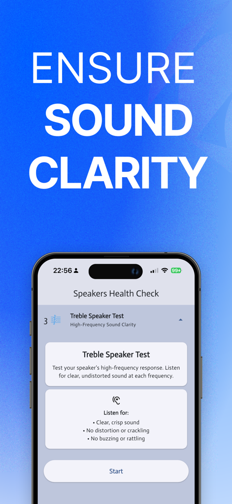 Clear Wave: Water Eject Tone - Smartphone screen displaying the Treble Speaker Test feature of the Clear Wave app to ensure sound clarity.