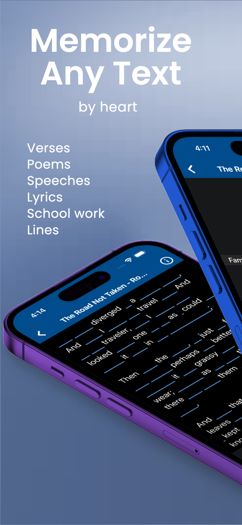 Memorize By Heart - Memorize By Heart app interface on smartphones showing a fill-in-the-blank exercise for a poem.