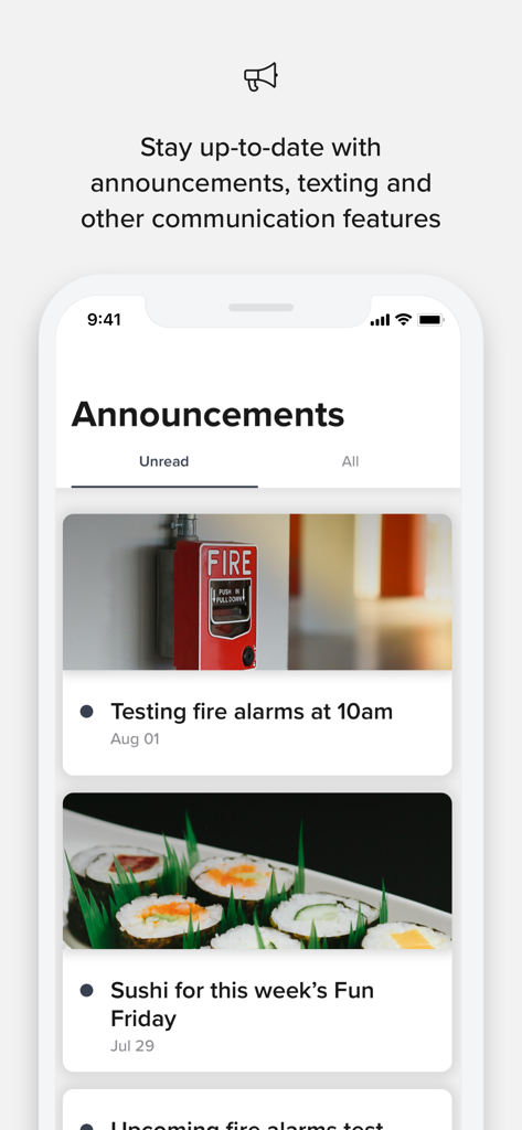 Resident Center app showing community announcements for residents.