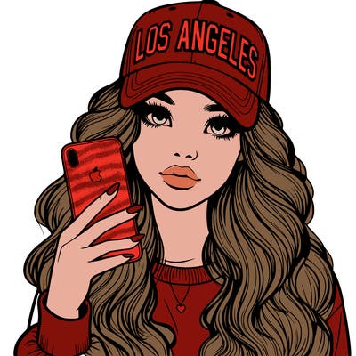 realistic beautiful girl wearing los ángeles cap holding an iphone