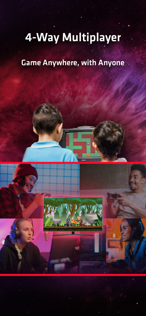 A demonstration of the AMD Link 4-way multiplayer feature showing gamers playing together on different devices