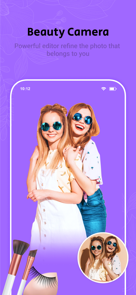 Beauty Cam - Selfie, Sticker - Captura de pantalla de la app Beauty Cam mostrando funciones de edición de selfies con dos mujeres sonriendo