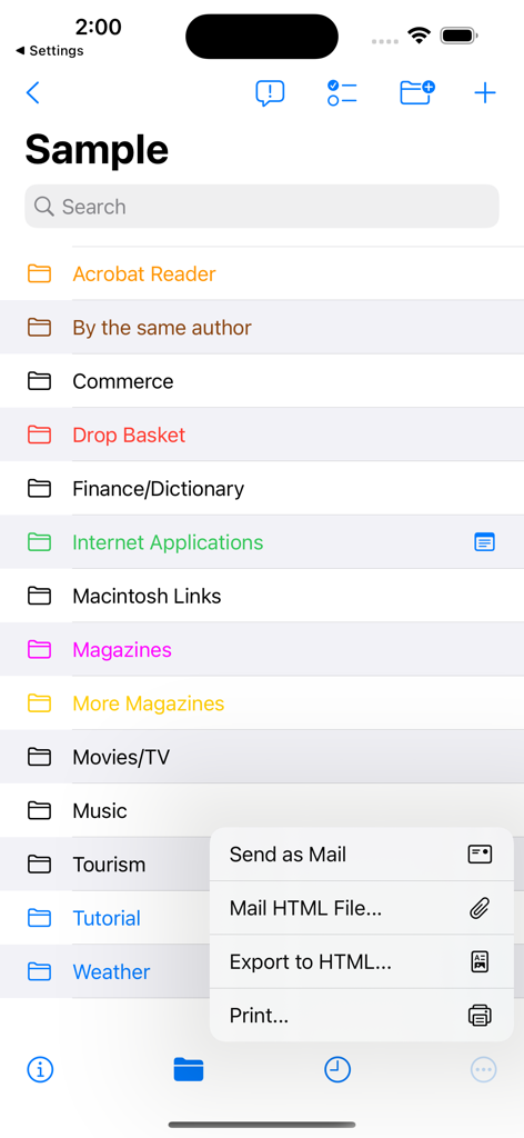 Lista organizada de pastas de favoritos codificadas por cores no URL Manager Pro com um menu de exportação e compartilhamento aberto