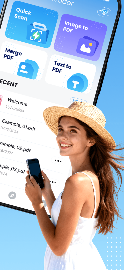 Easy PDF Reader - Scan & View - Startbildschirm der Easy PDF Reader App mit Scan- und Konvertierungswerkzeugen, während eine Frau ein Smartphone hält