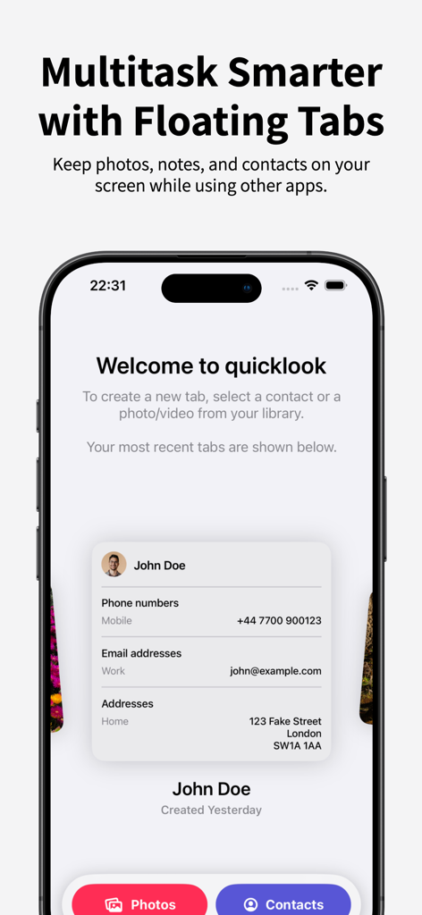 quicklook multitasking - iPhoneでクイックルックマルチタスクアプリのインターフェースが表示され、マルチタスク生産性のための連絡先情報が含まれたフローティングタブが表示されています