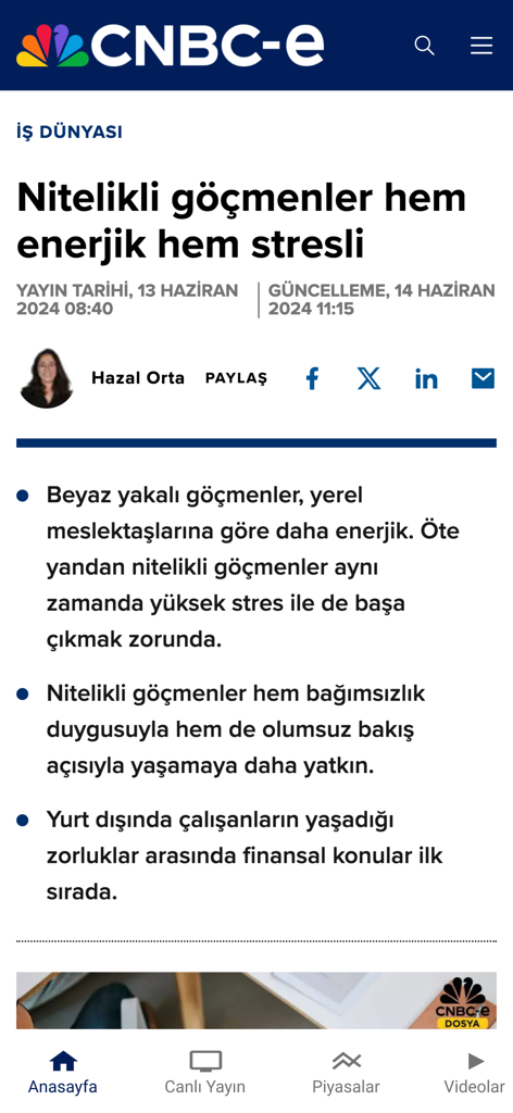 CNBC-e - Screenshot of the CNBC-e app showing a business news article about qualified immigrants with social sharing options and bottom navigation.