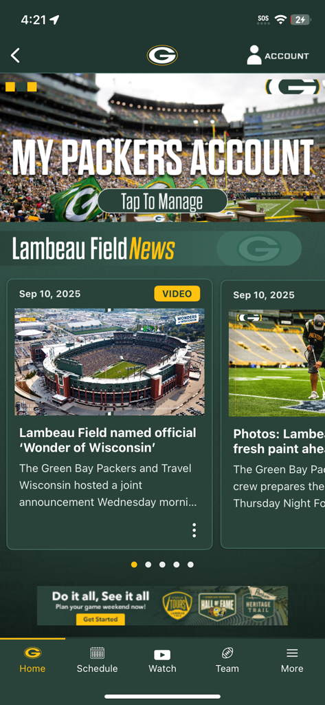 Green Bay Packers - Green Bay Packers mobile app home screen featuring team news and account management