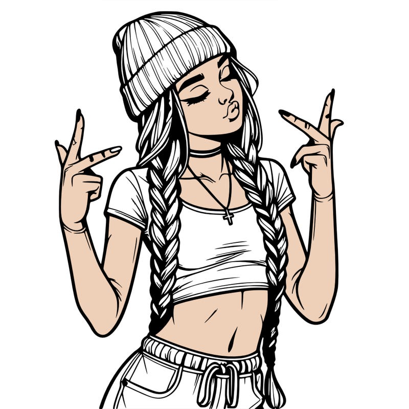 realistic teenage girl with braids and a beanie and crop top doing 🫶🏼
