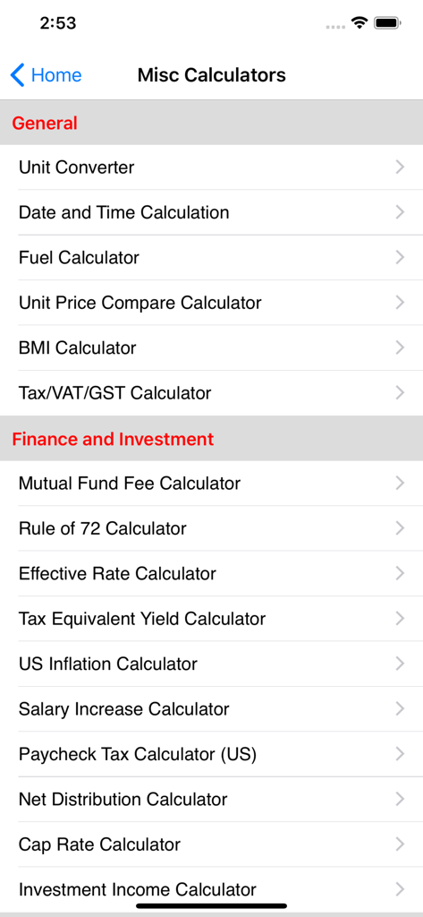 Menu of miscellaneous calculators in the EZ Financial Calculators Pro app showing general and investment tools