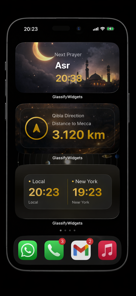 Glassify Widgets & Themes - iPhone home screen featuring aesthetic Islamic prayer time and qibla direction widgets