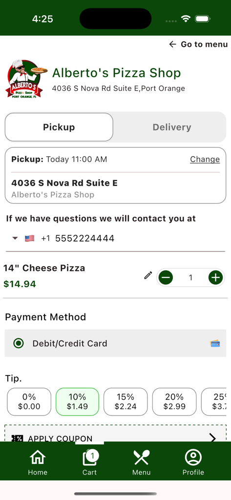 Checkout screen of Alberto's Pizza Shop mobile app showing a 14 inch cheese pizza order for pickup with tip and payment options.