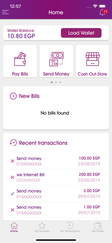 WE Pay EG - Dashboard of the WE Pay EG mobile wallet app showing balance and recent transactions