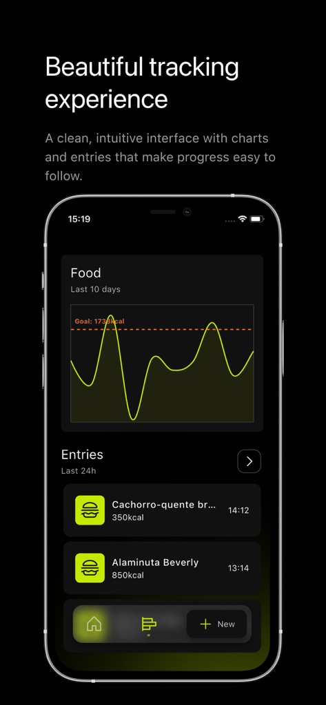 Trackie app dashboard displaying a calorie intake chart and recent food log entries on a dark mode interface