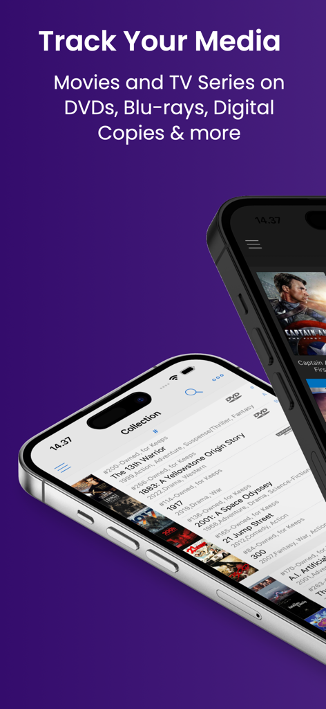 My Movies 6 - Movie & TV List - Two smartphones displaying the My Movies 6 app with a movie and TV series collection list