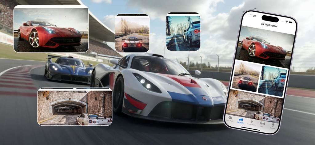 iPhone che visualizza sfondi automobilistici Drift Xtreme con auto da corsa ad alte prestazioni sullo sfondo