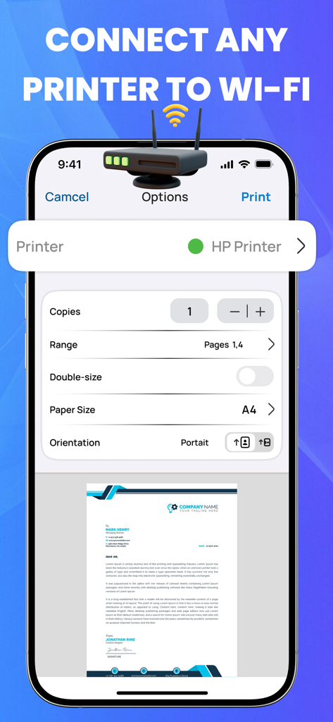 Smart Printer: iPrint App Scan - Smart Printer app interface showing Wi-Fi printer connection and print settings on an iPhone
