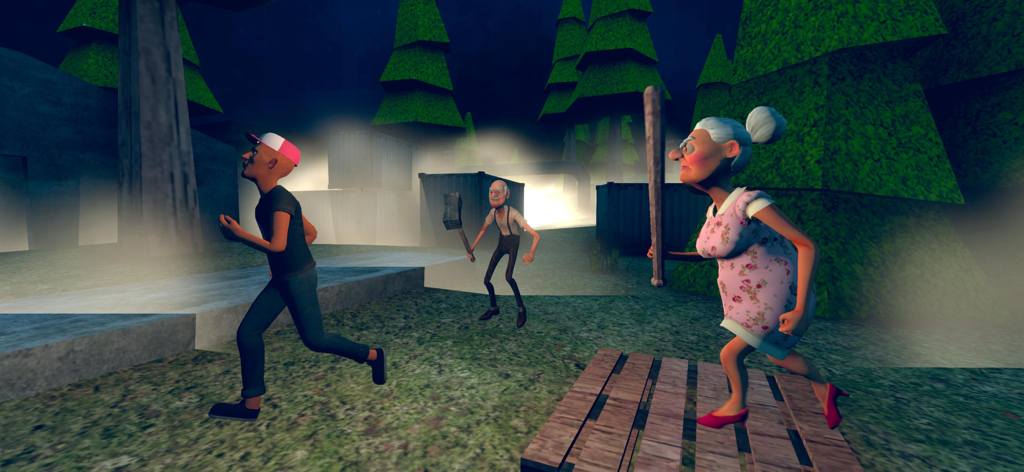 Grandpa and Granny 4 Online - Un personaje jugador es perseguido por la Abuela con un bate y el Abuelo con un martillo en un entorno forestal.