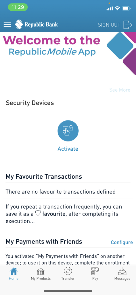 Home screen of the RepublicMobile TT banking app showing security device activation and favorite transactions section.