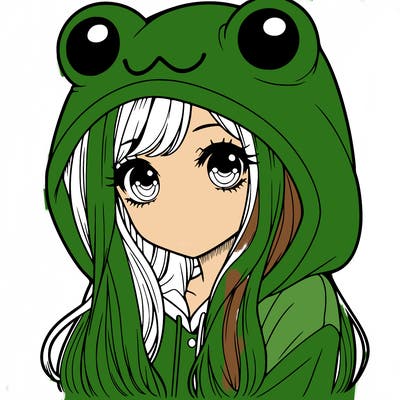 a pretty girl wearing a frog hoodie portrait with long hair