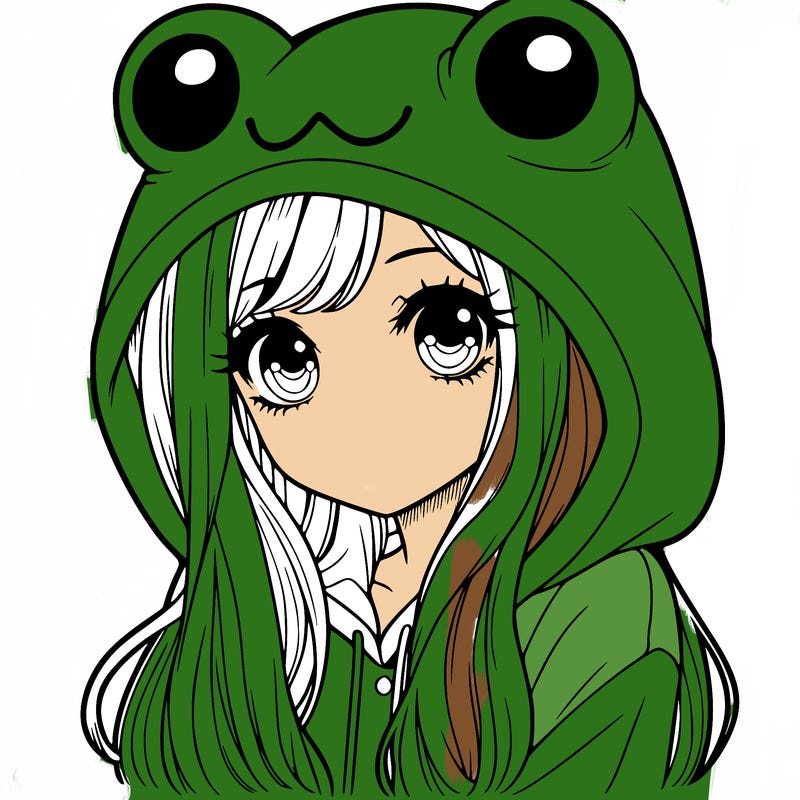 a pretty girl wearing a frog hoodie portrait with long hair