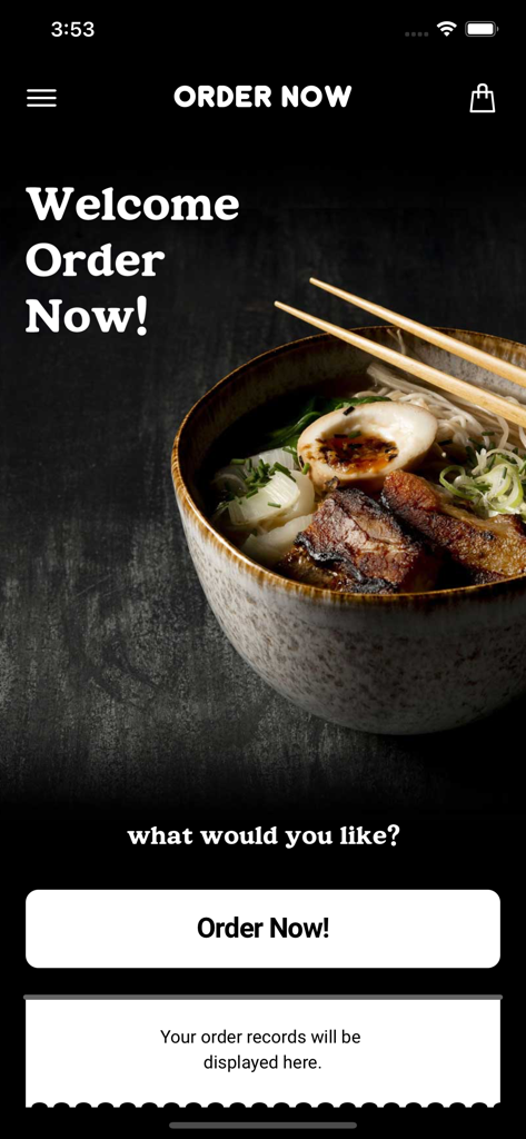 Order Now - Takeaway, Delivery - 라멘 한 그릇과 주문 버튼이 있는 지금 주문하기 앱 환영 화면