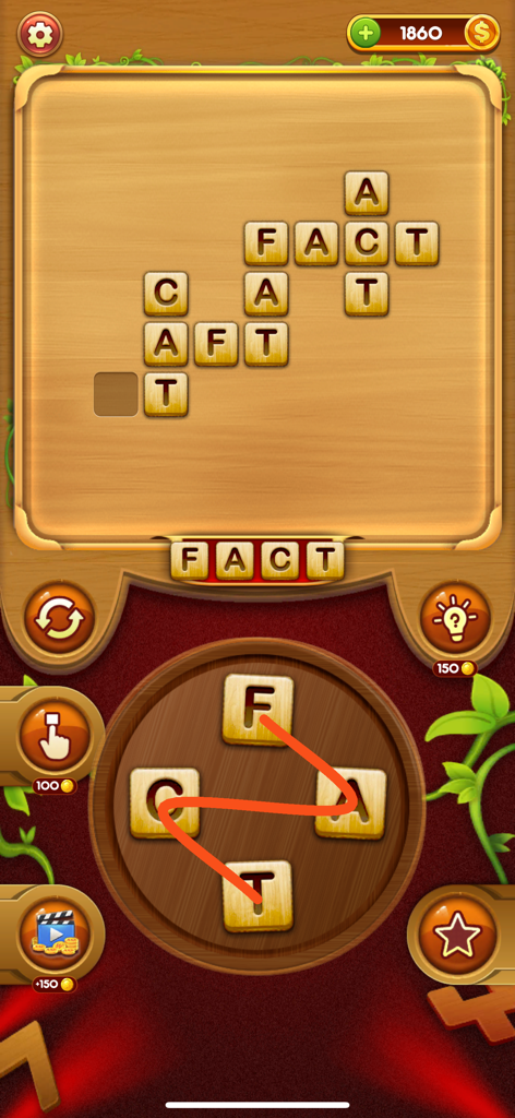Word Connect: Word Link Quest - Word Connectモバイルパズルゲーム画面。グリッド内で単語を形成するためにリンクされている木製レタータイルが表示されます。