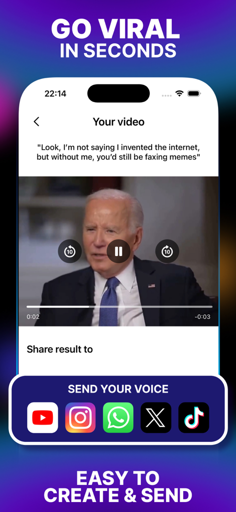 Famedub－Voice Generator AI App - Una captura de pantalla móvil que muestra un vídeo humorístico de parodia de celebridad generado por IA con opciones para compartir directamente en TikTok, Instagram y YouTube.