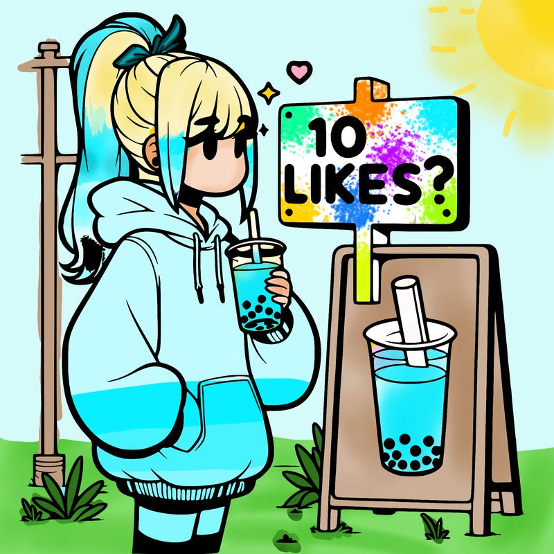 girl with oversized hoodie drinking boba and she has a high ponytail with a sign that says 10likes?