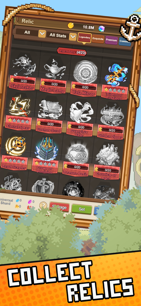 Warriors and Dungeons - Menu di gioco di Warriors and Dungeons che mostra una collezione di reliquie leggendarie in stile pixel art