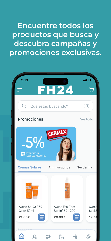 Farmahorro24 - Interfaccia dell'app mobile Farmahorro24 che mostra una barra di ricerca per prodotti per la salute e banner promozionali con sconti.