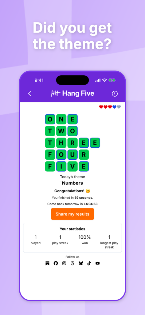 Hang Five - A screenshot of the Hang Five app showing a completed daily challenge with the theme Numbers and words one through five.