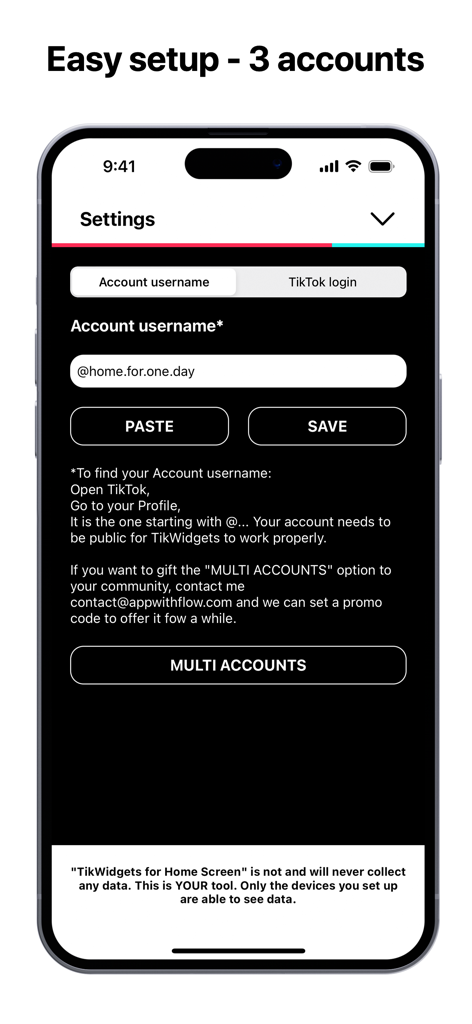 TikWidgets settings screen for setting up multiple TikTok account tracking.