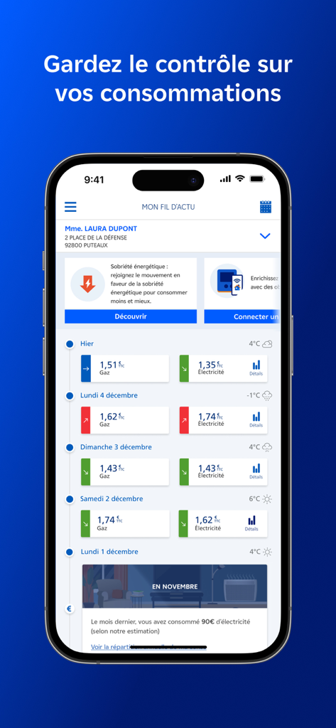 EDF & MOI - Schermata dello smartphone che mostra i consumi giornalieri di gas ed elettricità nell'app mobile EDF e MOI.