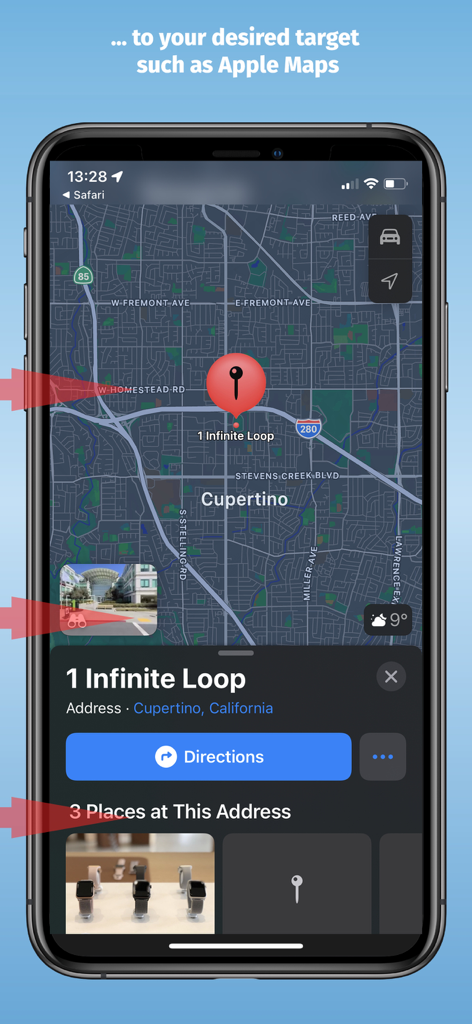 Interfaz de Apple Maps mostrando una ubicación redirigida para 1 Infinite Loop en Cupertino