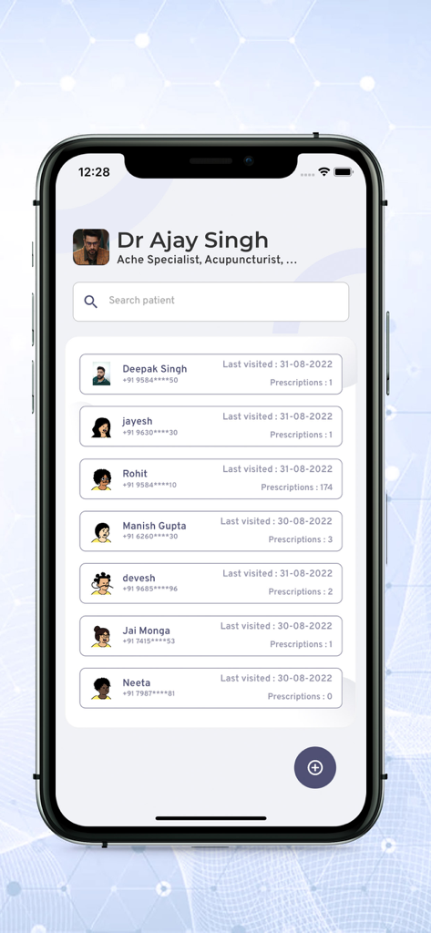 Healic for Doctors - Healic for Doctors mobile app showing a digital patient registry with patient names and visit history