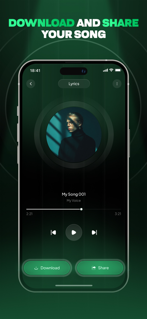 SongSnap: AI Music Maker - Mobile interface of SongSnap AI Music Maker showing a song playback screen with download and share buttons