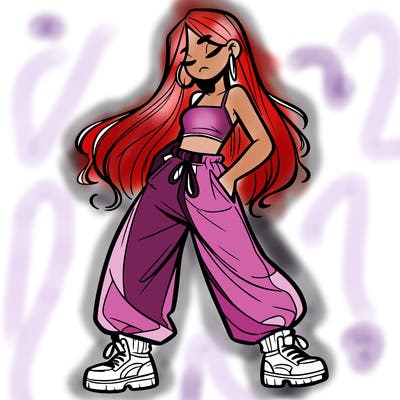 girl in baggy pants crop top and long hair