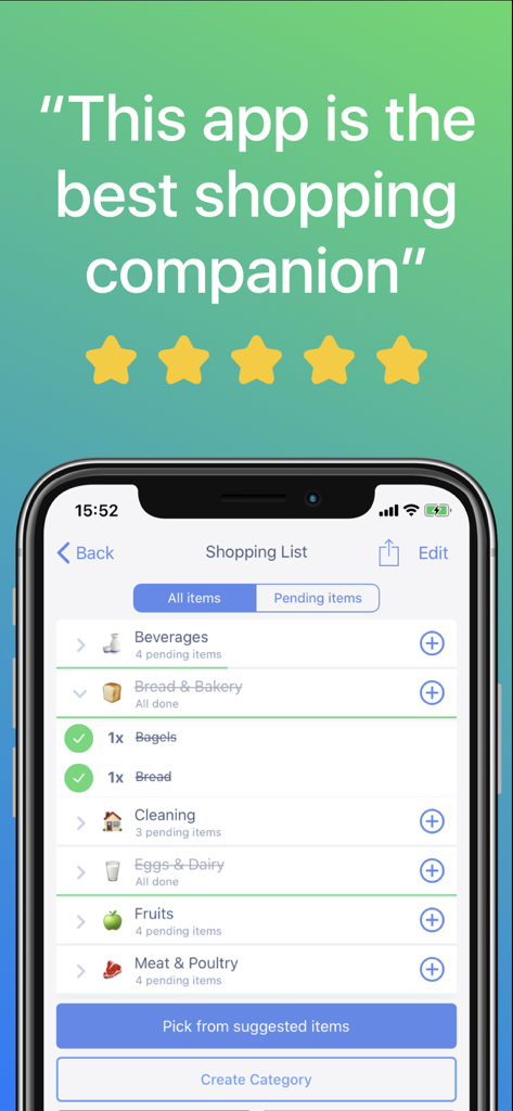 Écran de smartphone affichant l'interface de l'application Grocery List avec des articles de courses catégorisés et un avis utilisateur cinq étoiles