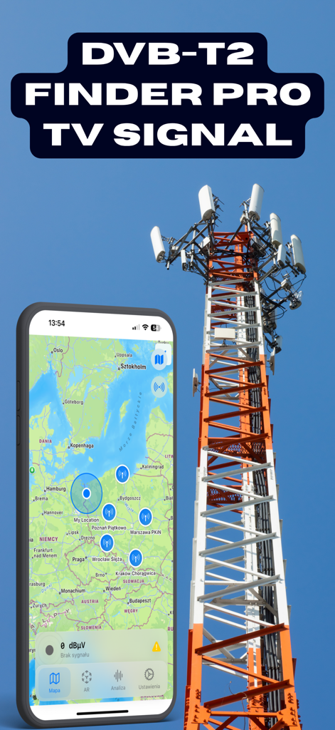 DVB-T2 Finder Proアプリが放送塔の隣にテレビ送信機マップを表示しています