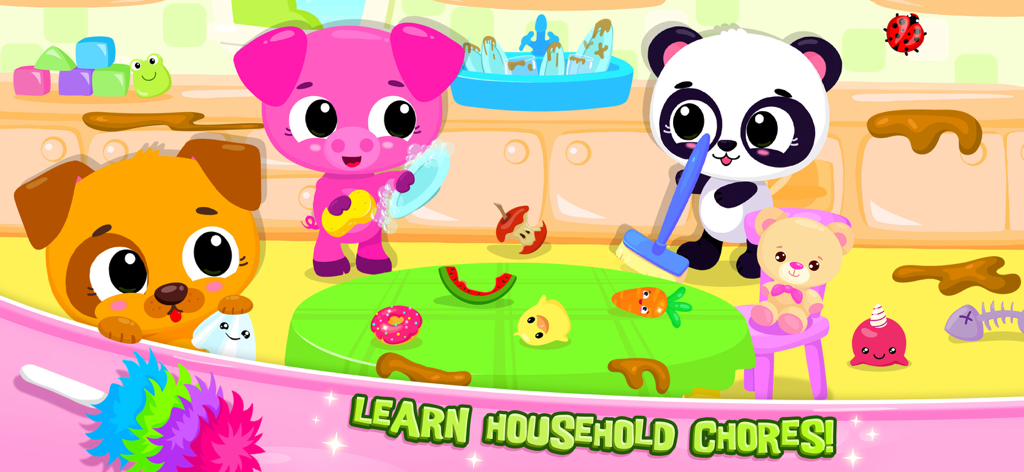 Cartoon pig panda and puppy characters cleaning a messy kitchen in Cute and Tiny World app