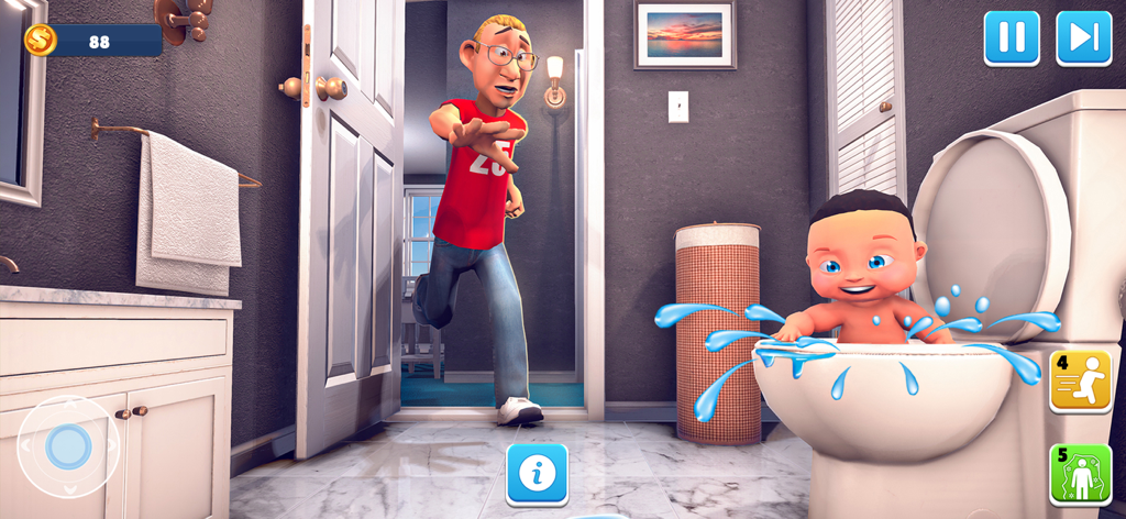 Hide And Seek: Find Daddy Game - A mischievous baby hides in a toilet bowl as a man enters the bathroom in the Hide And Seek Find Daddy Game.