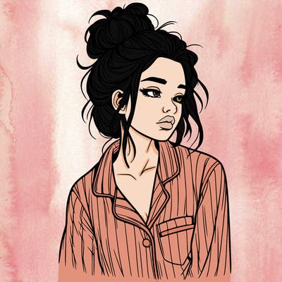 realistic woman with pajamas on and a messy bun