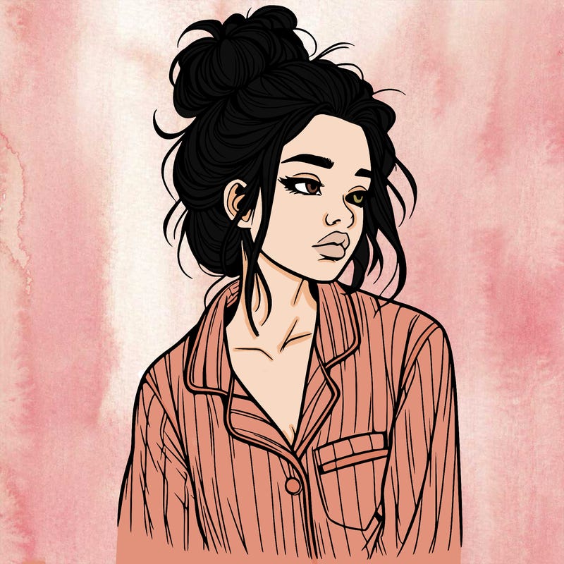 realistic woman with pajamas on and a messy bun
