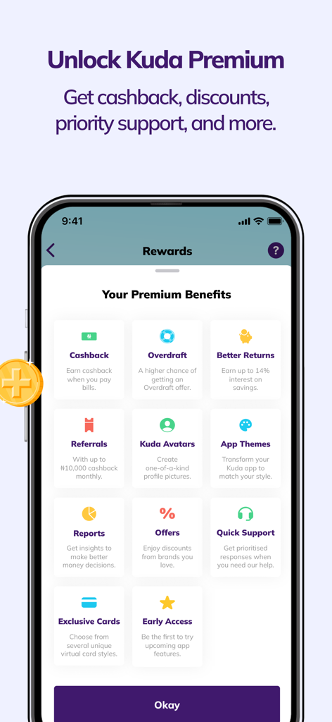 Kuda app screen displaying premium rewards and benefits like cashback and priority support