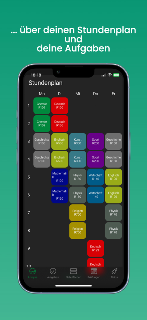The AbiPlaner app interface displaying a colorful weekly school timetable for students.