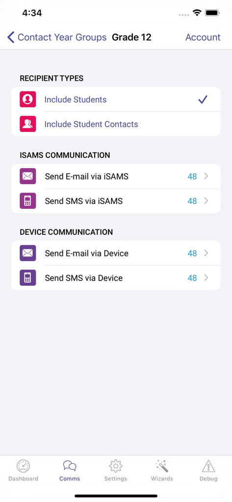 iTeacher App - iTeacher app interface showing communication options to send emails and SMS to Grade 12 students