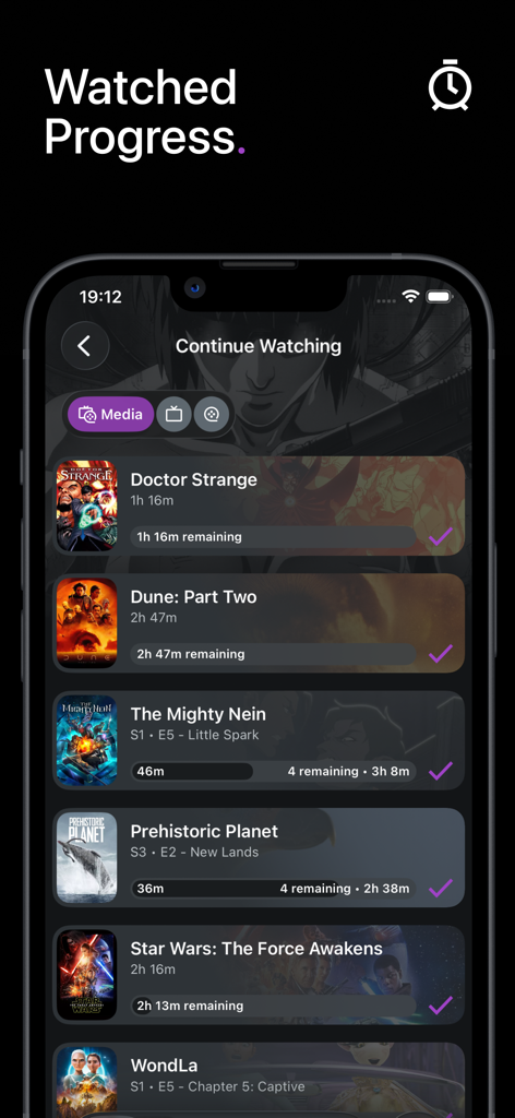 trakt.TV Shows & Movies - Interfaccia di avanzamento della visione dell'app mobile Trakt che mostra l'avanzamento della visione e una lista continua a guardare per film e serie TV