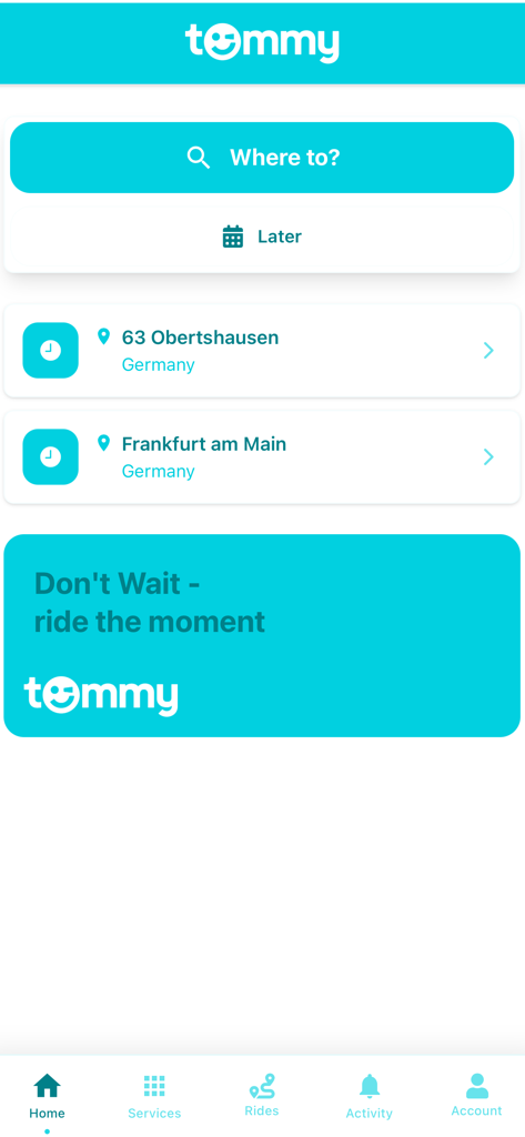 Tommy App - Tommy app home screen featuring a ride search bar and recent travel destinations